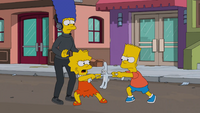 Bart and Lisa pull at a Bongo doll.png