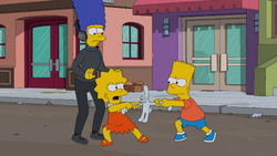 Bart and Lisa pull at a Bongo doll.png